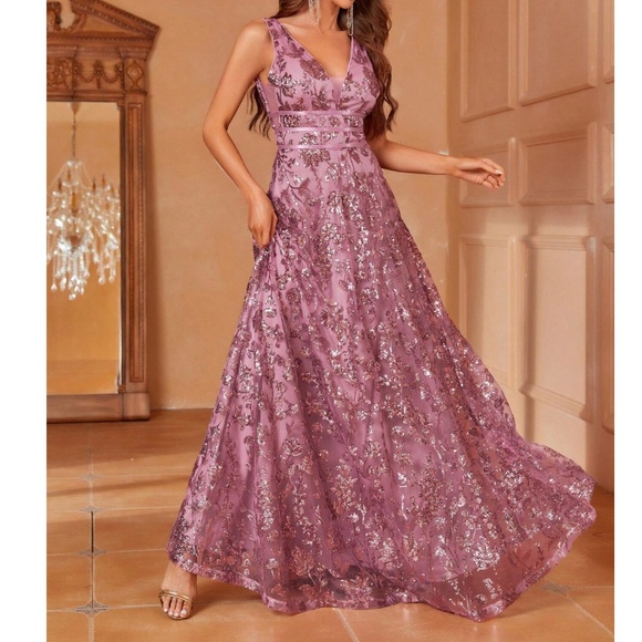 Luxe Floral Sequin Mesh Formal Black Tie Wedding Dress - Picture 3 of 12